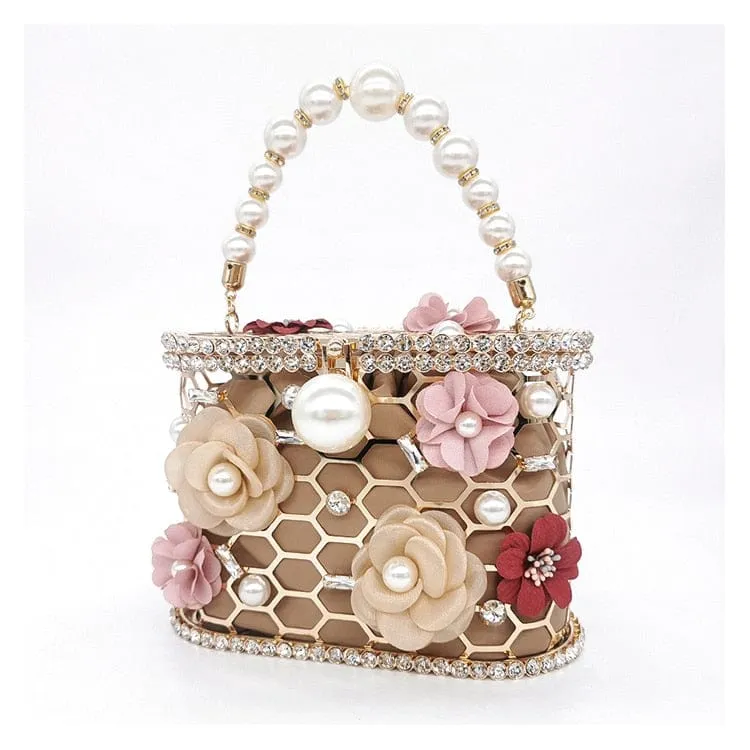 Brenda Pearl Floral Beading Honeycomb Clutch