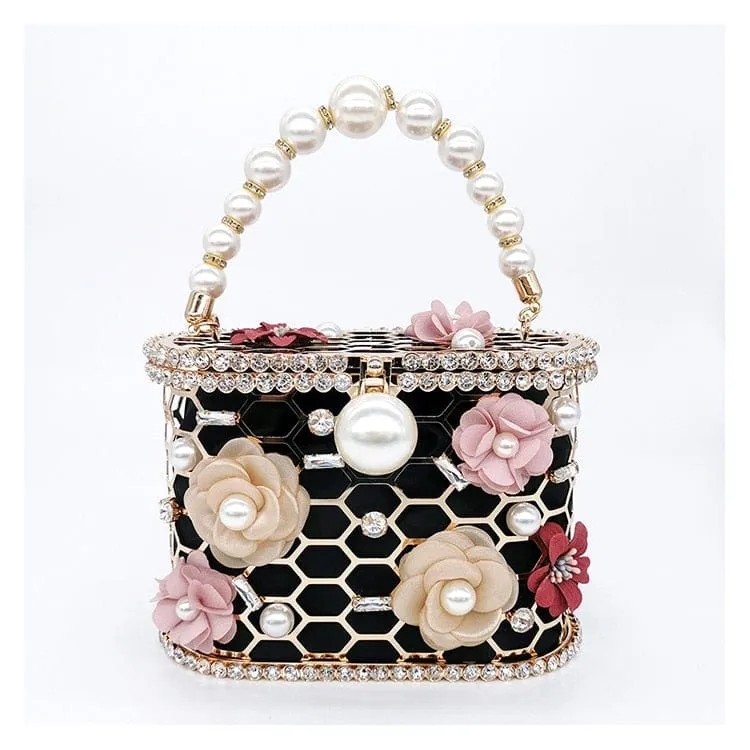 Brenda Pearl Floral Beading Honeycomb Clutch