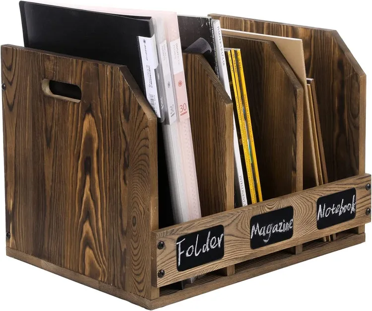 Burnt Brown Wood Office Desktop Document File Folder Binder Storage Organizer Rack with Chalkboard Labels