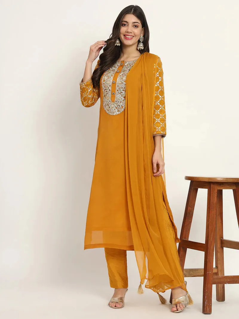 Mustard Kurta Set With Chiffon Dupatta